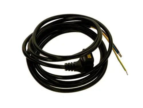 Schwarzes Kabel von Bosch, aufgewickelt, mit einem Stecker und drei freiliegenden Drähten in verschiedenen Farben.